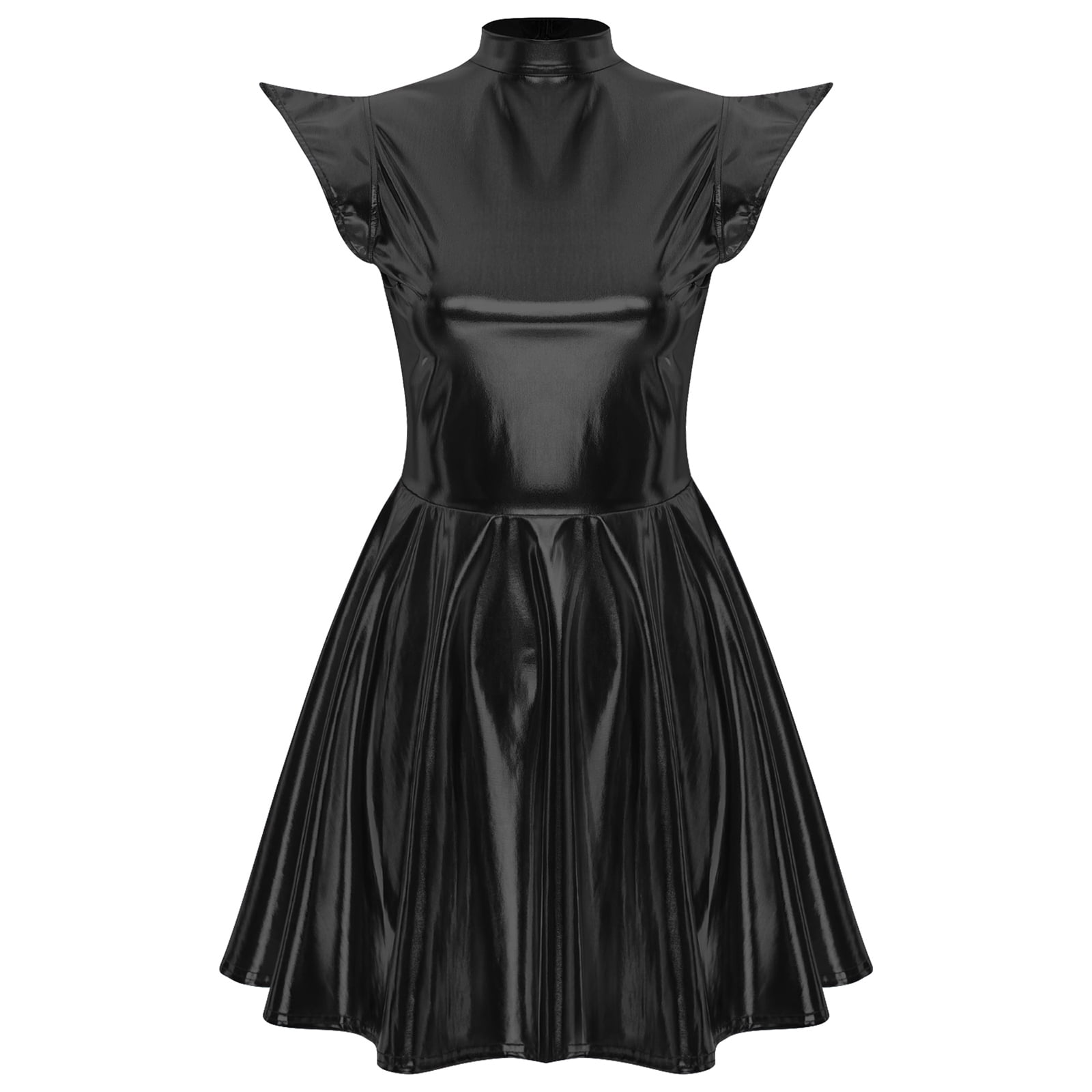 iiniim Women Shiny Metallic Holographic High Waisted Flare Skater Dress Carnival Party Black XXL