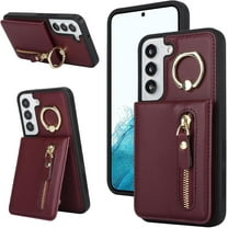 Samsung Galaxy S22 Case with Card Holder for Women, Samsung Galaxy S22 Phone Case Wallet with Credit Card with Ring Kickstand Zipper Shockproof Slim Stand Case - Red Wine