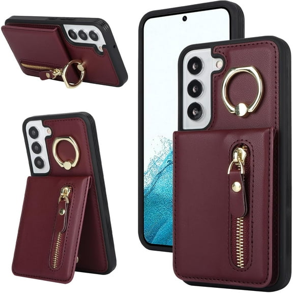 Samsung Galaxy S22 Case with Card Holder for Women, Samsung Galaxy S22 Phone Case Wallet with Credit Card with Ring Kickstand Zipper Shockproof Slim Stand Case - Red Wine