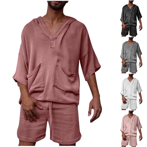 FRSASU Men's Cotton and Linen Tracksuit Short Sets 2 Pieces Summer Outfit Casual 3/4 Sleeve Hoodie Pullover and Shorts Set with Pockets White