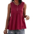 thumbnail image 1 of Camiseta sin mangas holgada con dobladillo con volantes para mujer, color rojo vino, con botones en la parte delantera, color liso, abertura en la espalda, sin mangas, talla L, 1 of 7