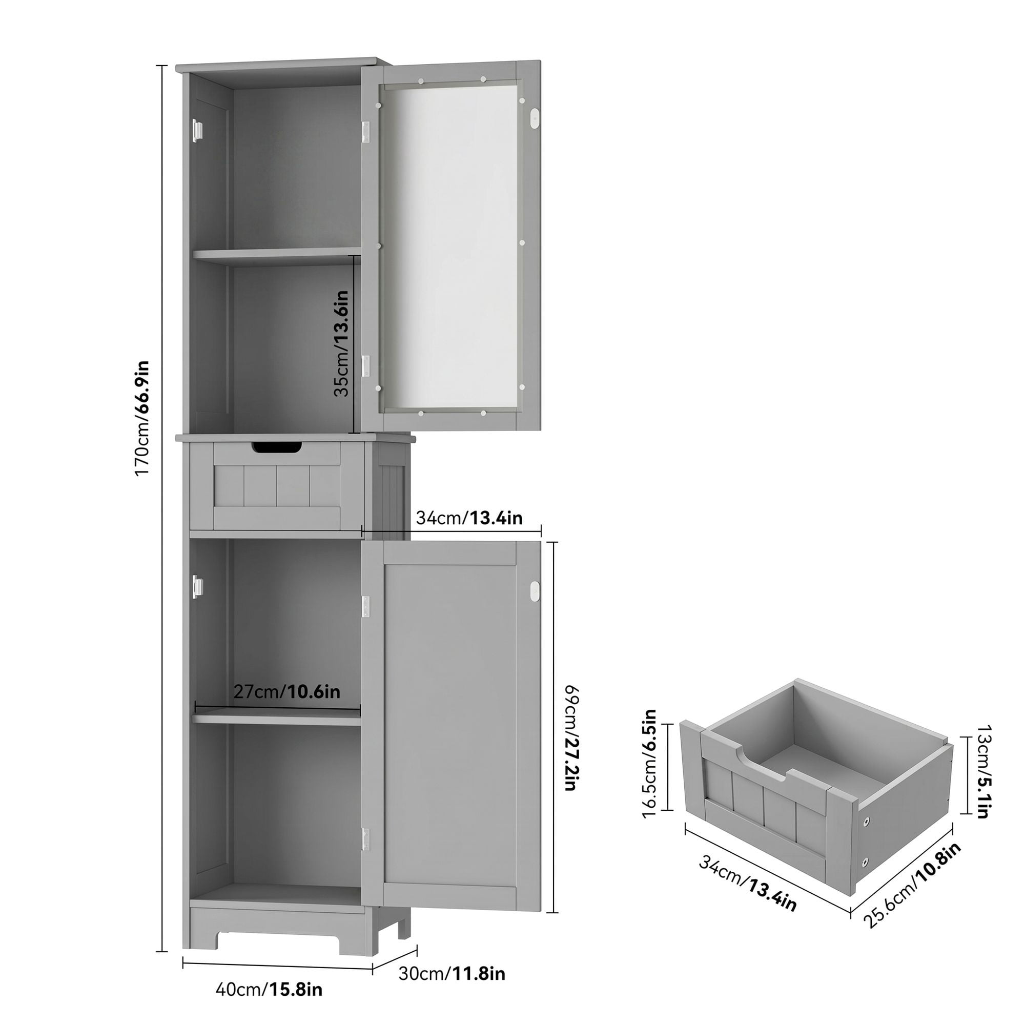 Homfa Narrow Kitchen Pantry Storage Cabinet, 67" Slim Pantry Cabinet with Drawer and Door, Space-Saving Freestanding Storage Cabinet for Small Place, Gray