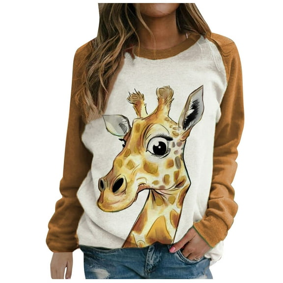 asdoklhq Womens Plus Size Tops Clearance,Women's Long Sleeve Funny Giraffe Printed Casual Blouse Tops Shirt Sweatshirt