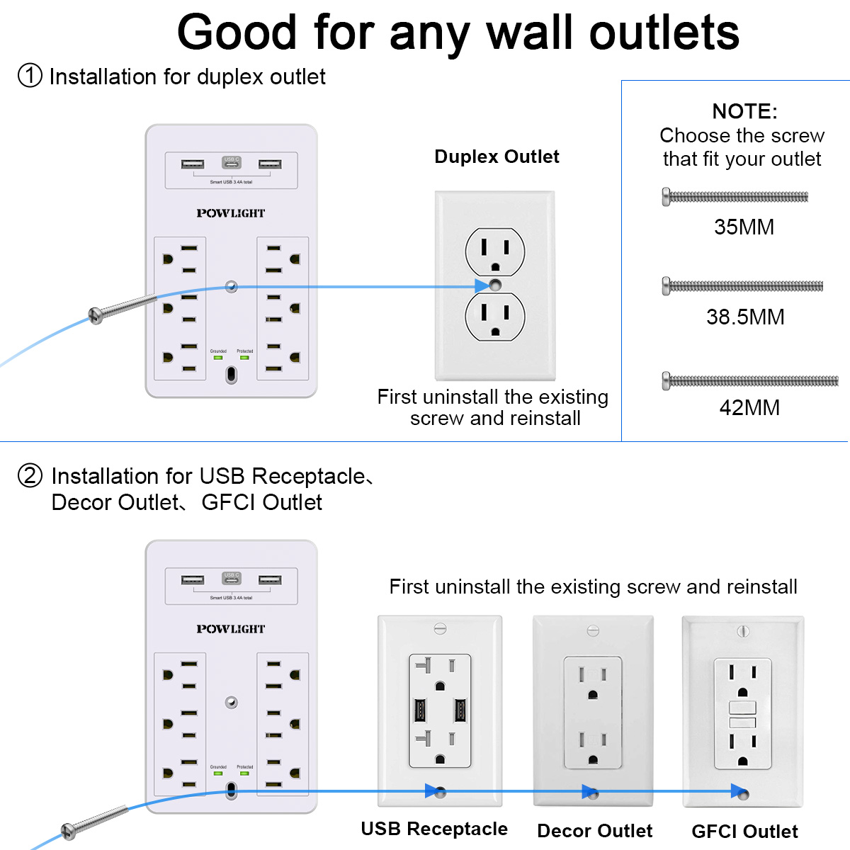Powlight Wall Mount Surge Protector, 6 AC Outlets, 3 USB photo 7