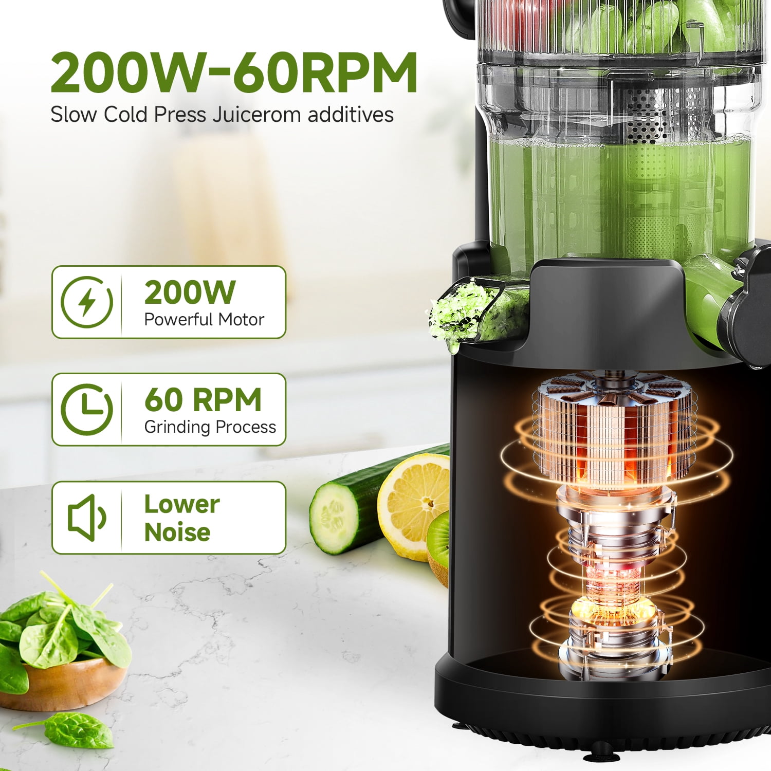 Sunmaki 5.2-Inch Slow Cold Press Auger Extractor Juicer for Whole Fruits and Vegetables, BPA-Free, Easy to Clean, Black