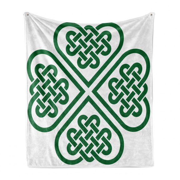 Celtic Soft Flannel Fleece Throw Blanket, Monochrome 4 Leaf Clover Flower Shaped Timeless Celtic Form Gaelic, Cozy Plush for Indoor and Outdoor Use, 60" x 80", Green White, by Ambesonne