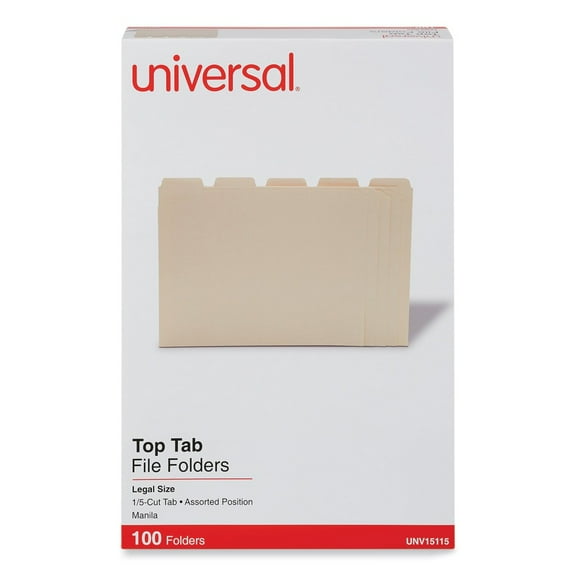 Universal UNV15115EE 1 Ply Top Tab 1/5 Cut Assorted File Folders - Legal, Manila (100/Box)