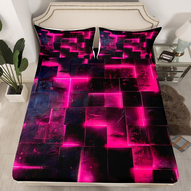 Black Hot Pink Abstract Full Sheets Gradient Square Bed Sheets, Geometry Grid Fitted Sheet Full Neon Checkered Bed Set Glowing Plaid Bedding 3D Modern Bedroom Decor 3pcs (Deep Pocket),No Top Sheet