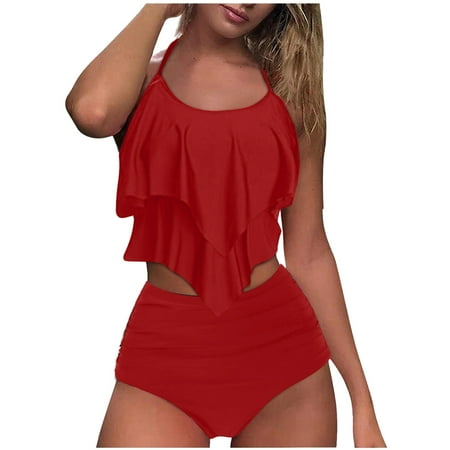 BSDJILFG Two Piece Bikini Sets for Women Halter Neck Ruffled Bikini Top with High Waisted Cheeky Brief for Beach Vacation Pool Party Clearance