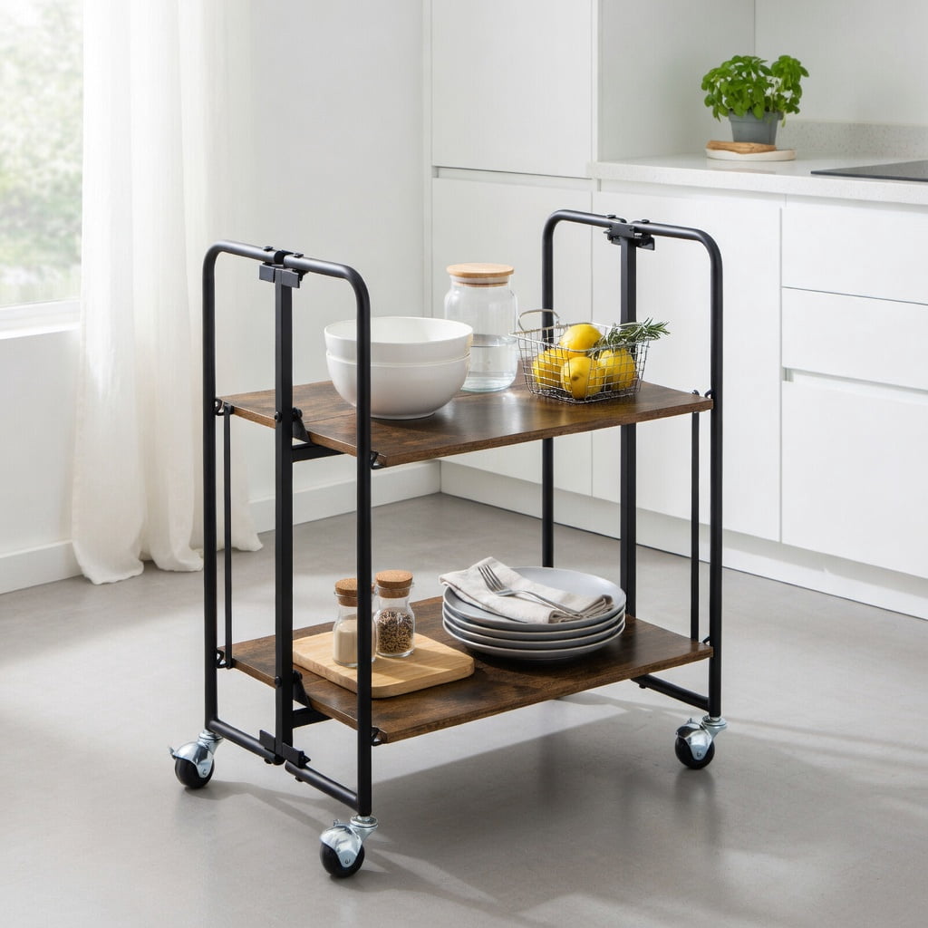 Demi Bonn Rolling Cart, Kitchen Island Cart, Folding Rolling Cart with Metal Frame-2-Tier, for Kitchen, Dining Room, Rustic brown