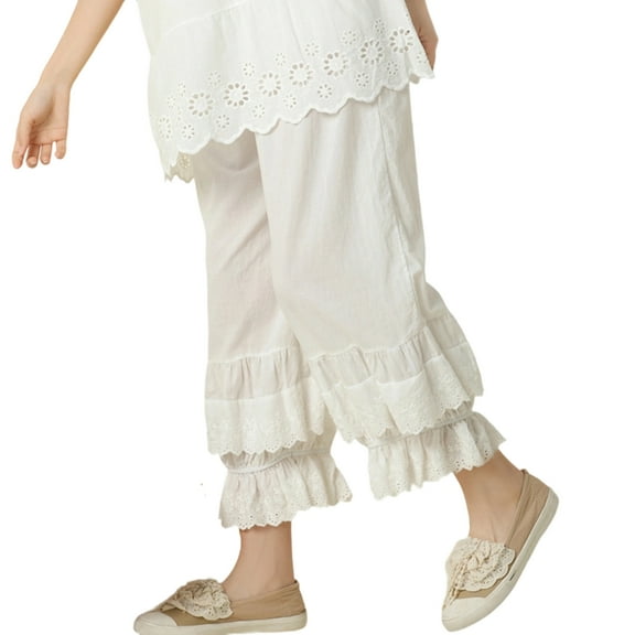 Women Pettipant Slip Cropped Pant Elastic Waist Wide Leg Long Bloomers Layered Ruffle Lace Underpant for Under Dress