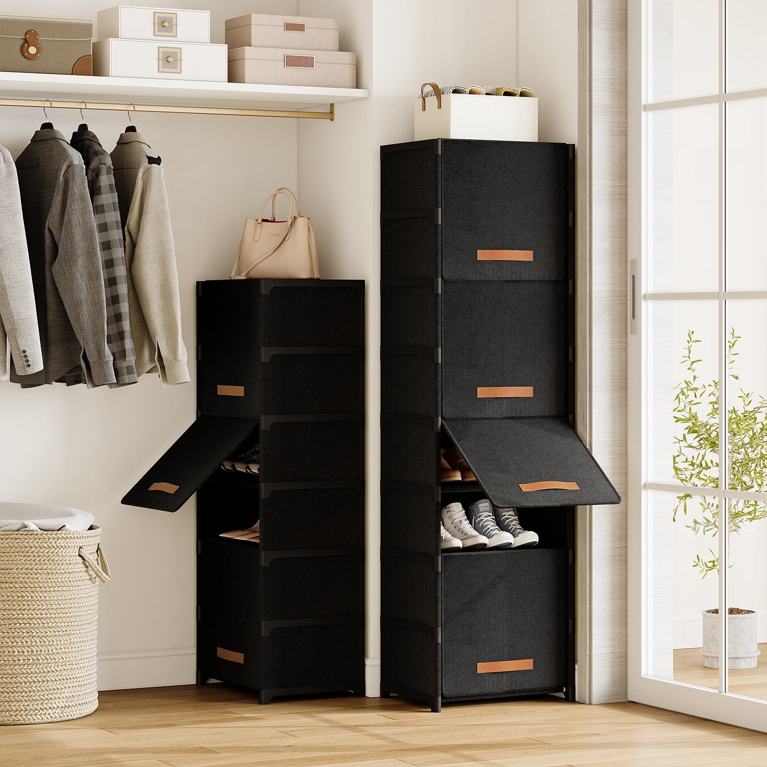 BGTREND 7 Tier Narrow Shoe Rack with Covers Shoe Storage Organizer Holds 14 Pairs for Closet Entryway Hallway, Black