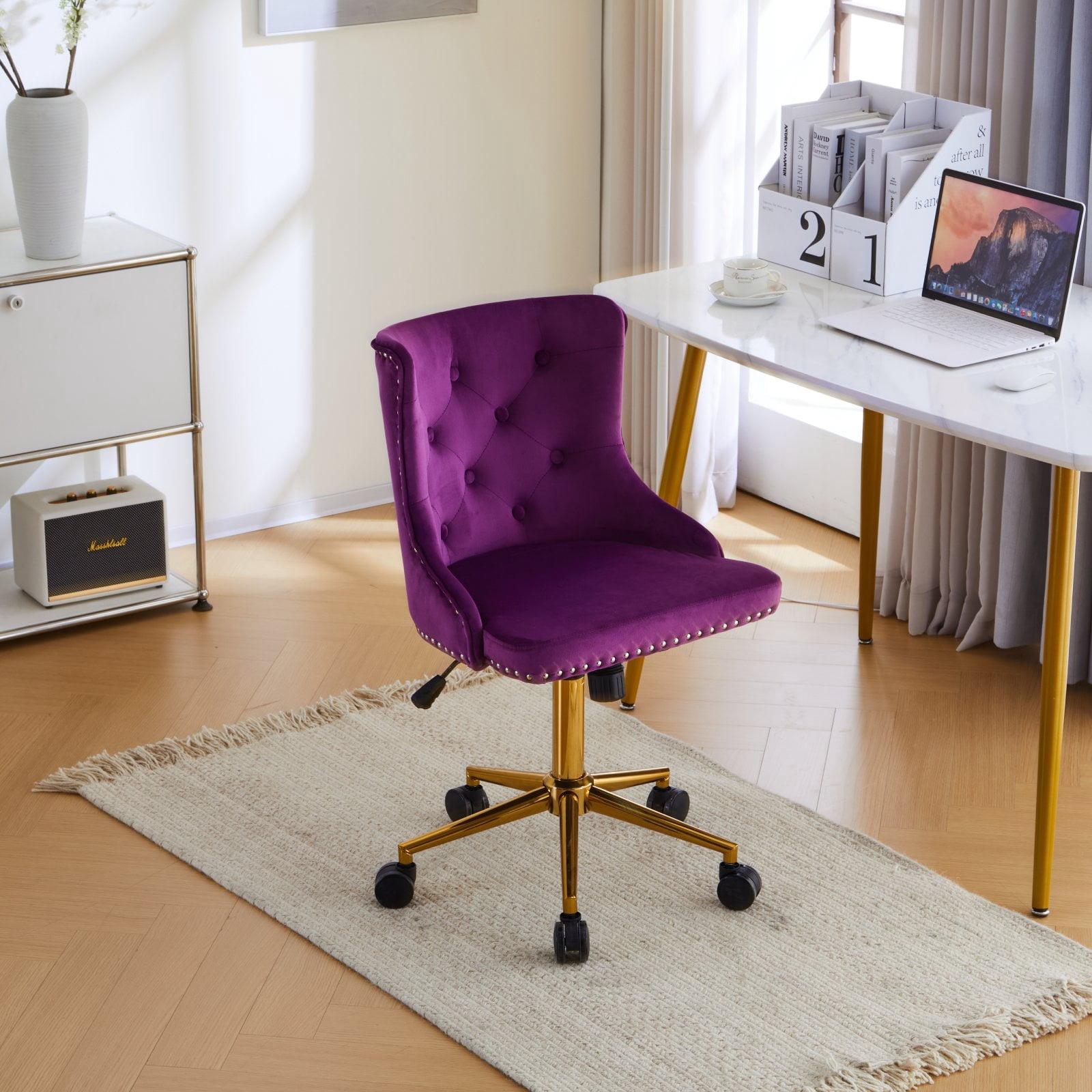 UBesGoo Armless Office Chair Flannel Computer Task Chair Adjustable Swivel Vanity Chair with Ergonomic Backrests and Wheels for Conference and Home Purple & Gold
