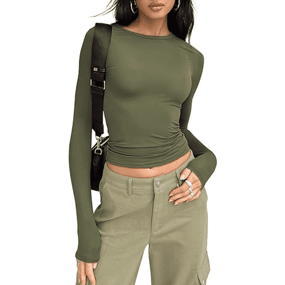Womens Long Sleeve Shirts Basic Spring Crop Tops Fall Fashion Layering Slim Fitted Y2k Army Green XS