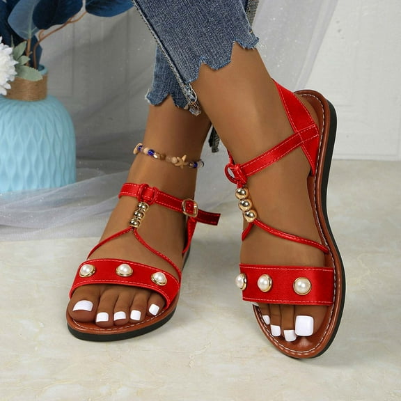 Viluyesy Women's Flat Sandals, Adjustable Strappy Peep Toe Pearl Decoration Retro Roman Gladiator Shoes Red