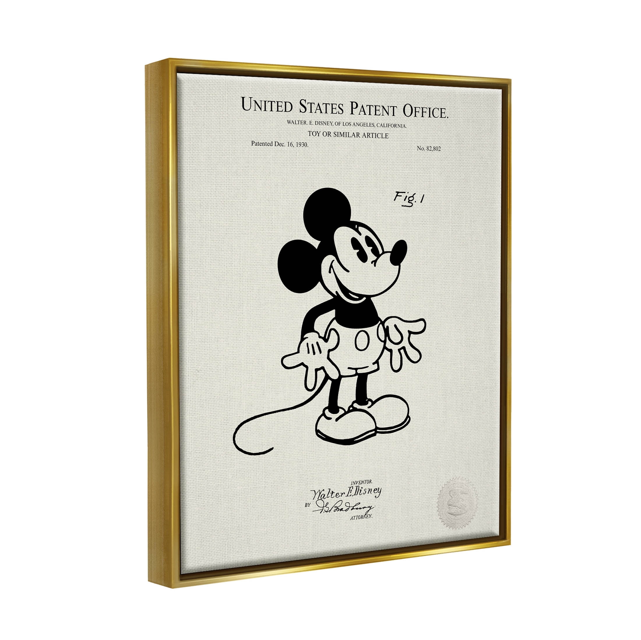 Stupell Industries Vintage Cartoon Character Patent Graphic Art Metallic Gold Floating Framed Canvas Print Wall Art, Design by Karl Hronek