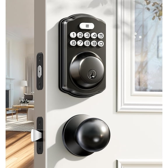 Keyless Entry Door Lock with 2 Knobs, Electronic Backlit Keypad Deadbolt with Handle Set, Auto Lock, One-time Codes, Smart Deadbolt for Front Door, Easy Installation, Matte Black