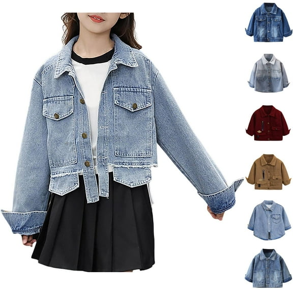 MKOSPLRT Ripped Cropped Denim Jacket Girls 1-12Y Irregular Hem Button Down Denim Coats Lapel Collar Long Sleeve Jean Jacket with Pocket