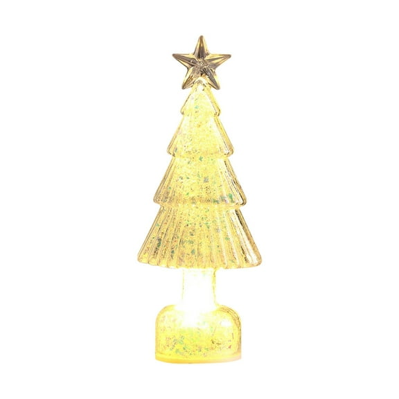 AUDeals ‌LED Lighted Tabletop Christmas Tree Small Sparkling Plastic & Ceramic Xmas Decor with Gold Illuminated Base, Festive Holiday Home Decor, Indoor Mini Tree for Desk, Shelf, or Mantel‌