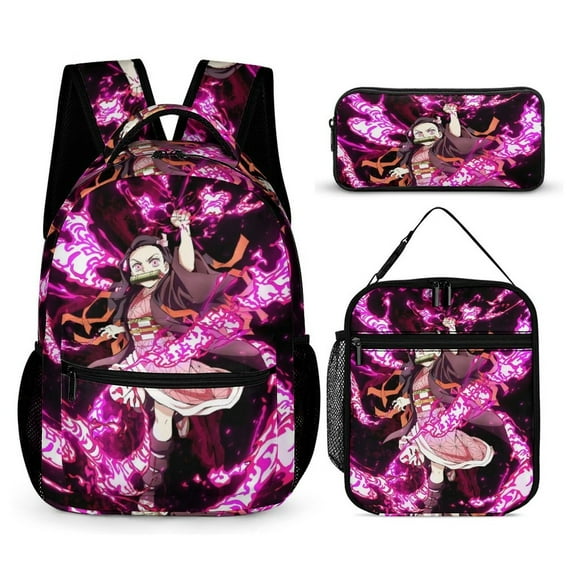Demon Backpack Slayer Nezuko Cute 17 Inch 3 Piece Set with Insulated Lunch Bag and Pencil Case, Bookbag Laptop Backpack Cartoon Durable Lightweight Casual Backpack