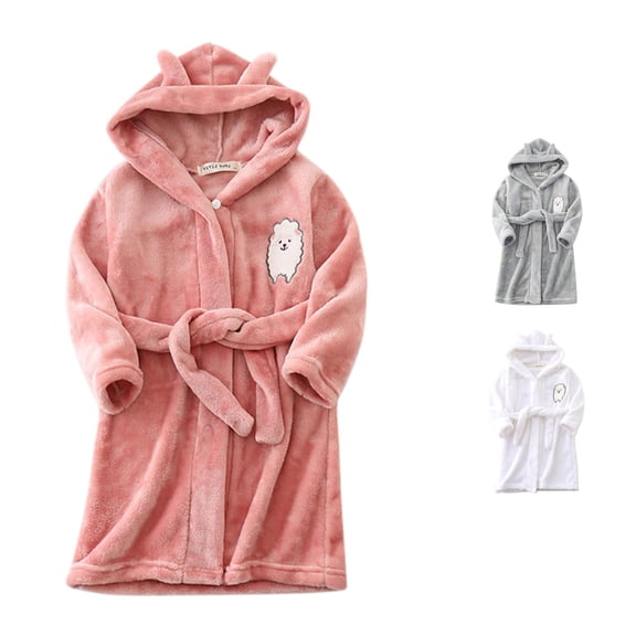 REDARER Boys Girls Cartoon Hooded Bathrobe Sheep Chest Embroidery Self Tie Belt Ultra Soft Warm Flannel Kids Sleep Robe,7-8 Years