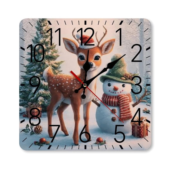 RKSupls 10×10inch Square Silent Wall Clock Wooden Frame, Deer Snowman Christmas Scale Decorative Clock for Home Bedroom Living Room Office