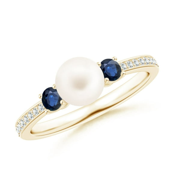 ANGARA Freshwater Cultured Pearl & Blue Sapphire Engagement Ring in 14K Yellow Gold for Women | June Birthstone, Birthday, Anniversary, Jewelry Gift for Women | Pearl Ring