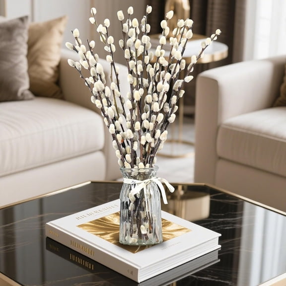 20 Pcs Real Dried Pussy Willow Flowers,Topboutique Pussy Willow Branches,Natural Pussywillows with White Flowers for Home Office Wedding Party DIY Floral Art Winter Decor,16 inch