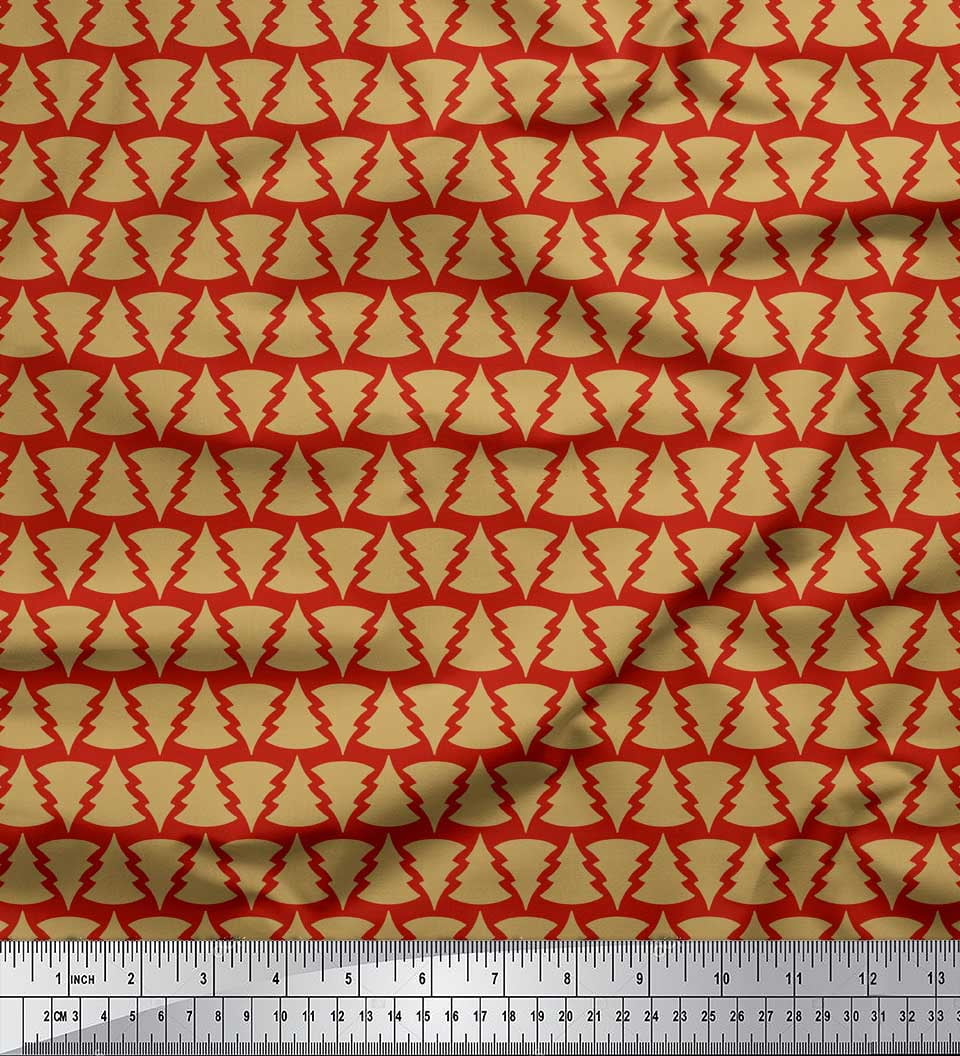 Soimoi Red Poly Georgette Fabric Christmas Tree Printed Craft Fabric by the Yard 52 Inch Wide