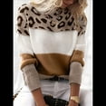 thumbnail image 4 of Suéter de Rayas con Estampado de Leopardo para Mujer, Cuello Redondo, Larga, Tejido con Bloques de Color Marrón Oscuro M, 4 of 5