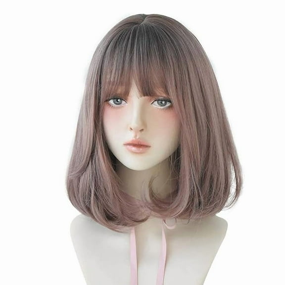 Korean Fashion 14 Inch Straight Short Wig for Women, Natural Shoulder-Length Straight Synthetic Short Lolita Wigs with Bangs For Cosplay and Daily Wear