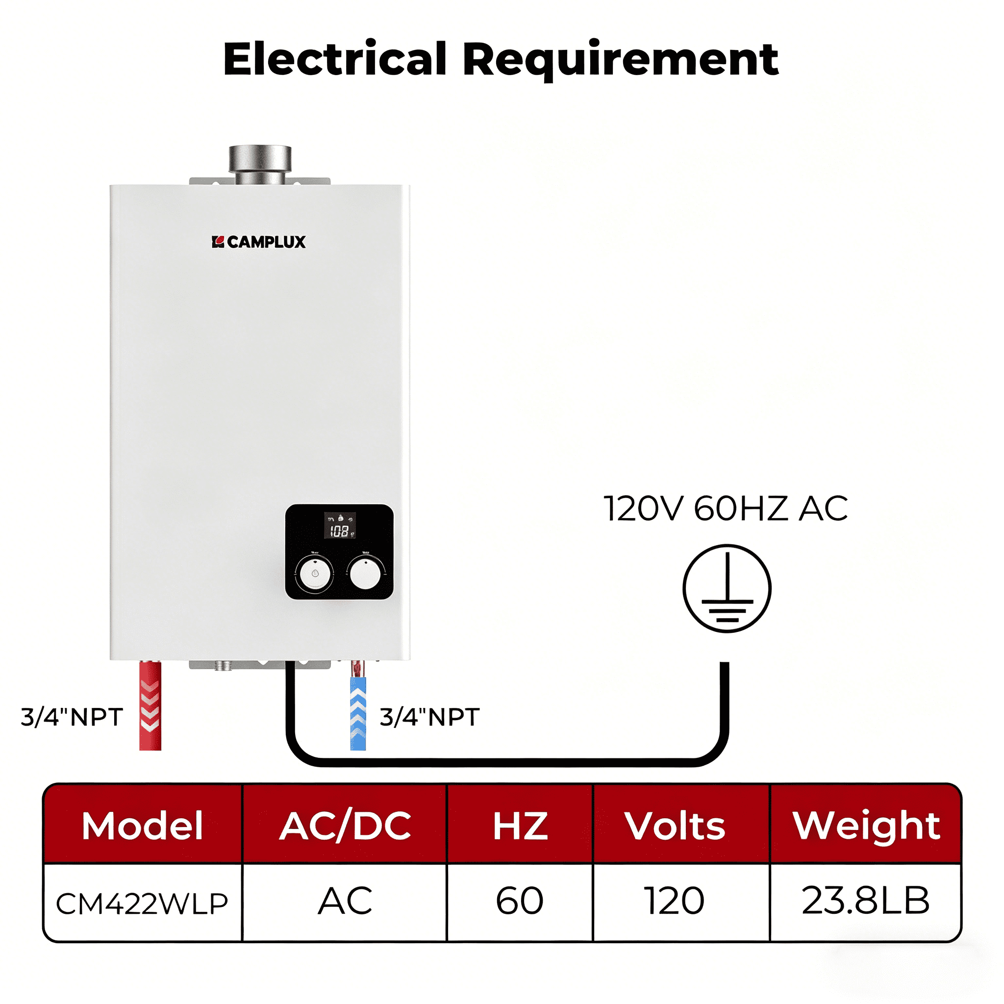 CAMPLUX 4.22GPM, 102,000BTU Indoor Tankless Propane Gas Water Heater, Energy Efficiency, 120V