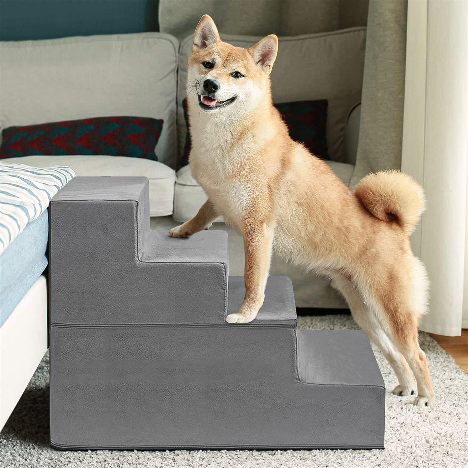 Pefilos 33" Dog Stairs for Small Pets with High-Density Sponge and Silicone Paw Prints, 5-Step Dog Ramp for Beds and Couch, Gray Pefilos 33" Dog Stairs for Small Pets with High-Density Sponge and Silicone Paw Prints, 5-Step Dog Ramp for Beds and Couch, Gray