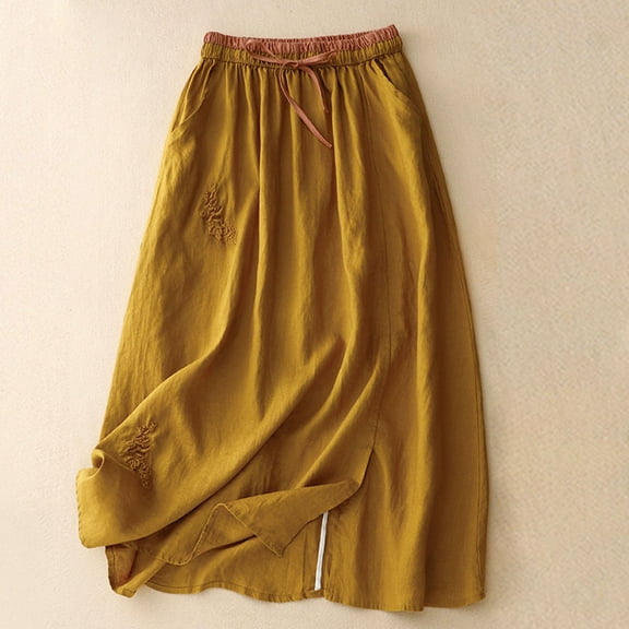 ClodeEU Women's Embroidered Linen Blend Elastic Waist Midi Skirt ,Loose Fit Vintage Casual Summer Skirt Yellow,Womens Plus M
