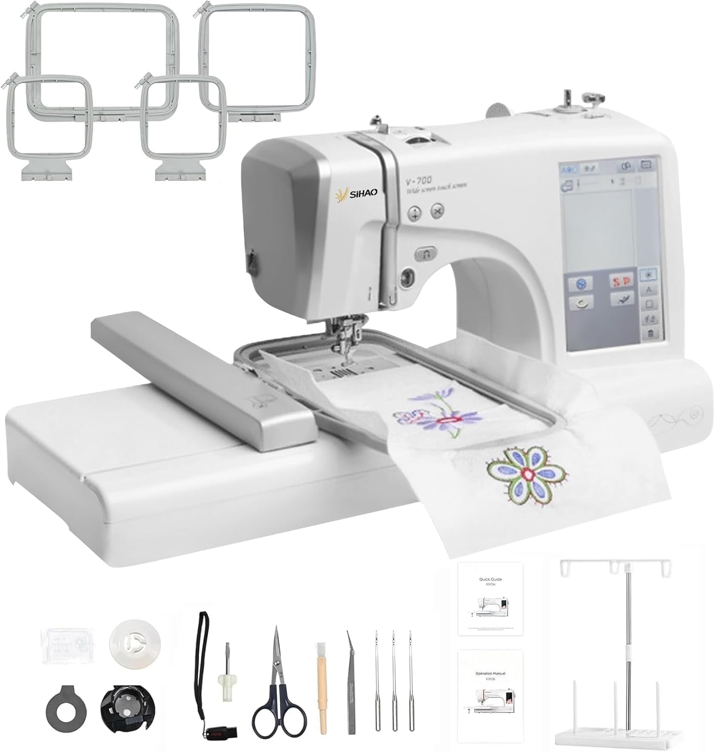 SIHAO MRS-V700 Embroidery Machine for Beginners, 4" x 9.25" Embroidery Area, 150 Built-in Designs, 10 Font Styles, 7" LCD Touch Screen with Hoops, USB, Stabilizer, Bobbins，etc