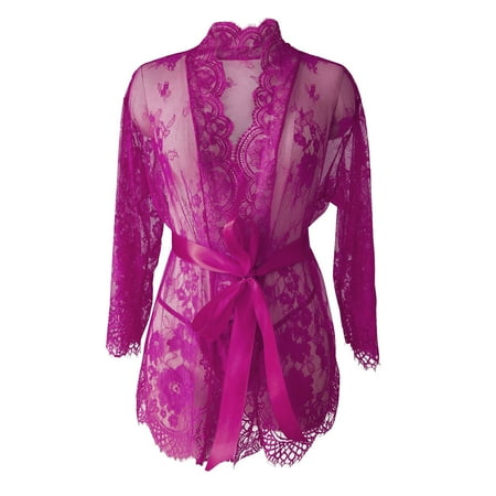 YFNNUP Women s Lace Kimono Robe Sexy Mesh Nightgown 2pc 3/4 Sleeve Lingerie Comfy Belt Nightwear S-3XL