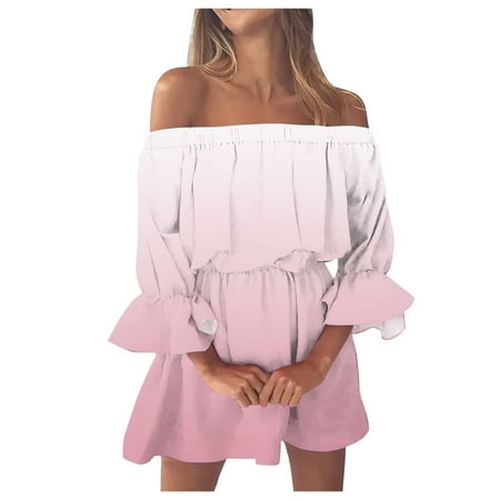 Blphud Womens Casual Dress Women s Maxi Dress Women Summer Dresses Vintage Print Beach Sexy Off Shoulder Summer Dresses Casual Loose Fit Bell Sleeve Dress Pink S