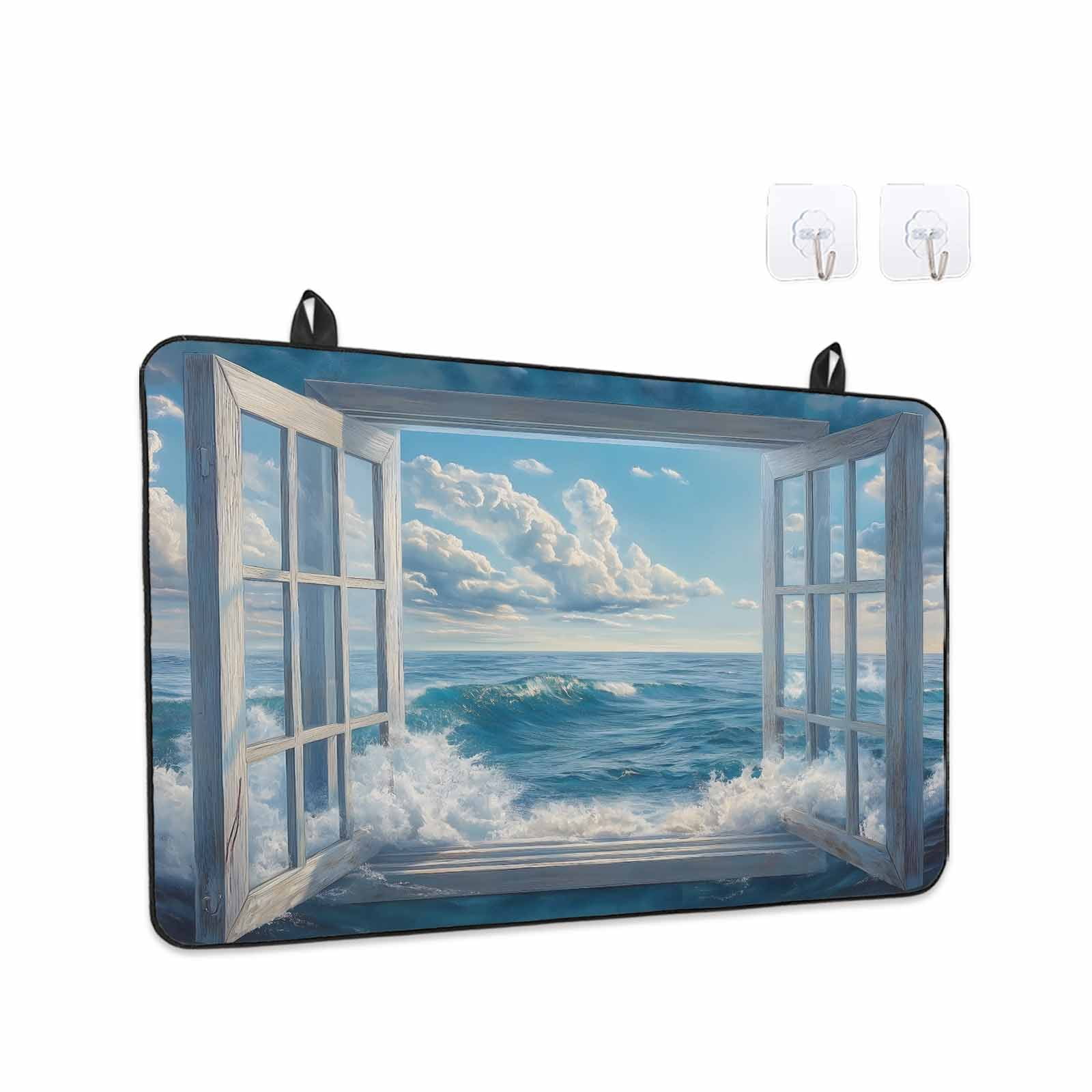 Coastal Stove Top Cover for Electric Stove, Heat-proof & Non Slip Glass Top Stove Cover Protector, Window Nautical Beach Blue Seaside Kitchen Flat Cooktop Rubber Mat 24x21 Inches