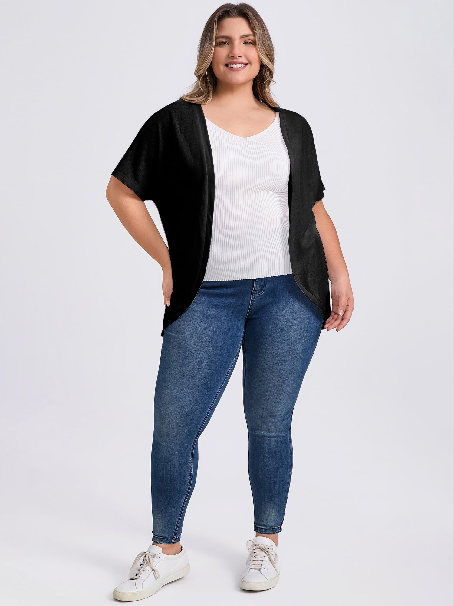 DARING DIVA Women's Plus Open Front Loose Fit Knit Curved Hem Cardigan 3X Black