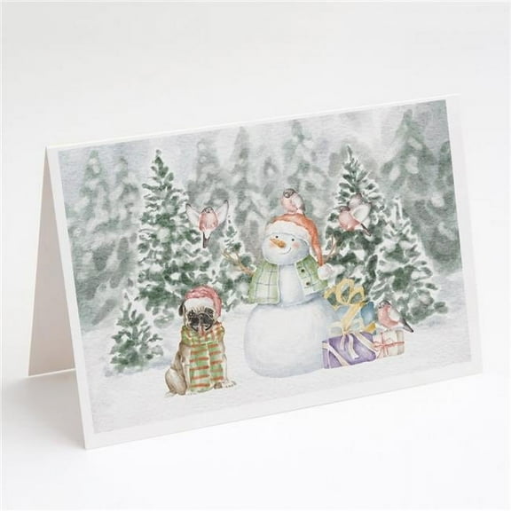 Pug Fawn Smiling with Christmas Presents Greeting Cards and Envelopes Pack of 8 7 in x 5 in