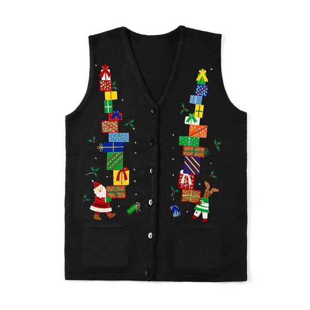 Suéter de otoño e invierno para mujer, chaleco con cuello en V, estampado navideño, botones, camisetas sin mangas de punto