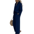 thumbnail image 3 of Bbyeadc Women Two Piece Linen Outfits Sets Long Sleeve Collared Button Down Shirt Wide Leg Drawstring Pants Everyday Travel Sets,Blue (S), 3 of 5