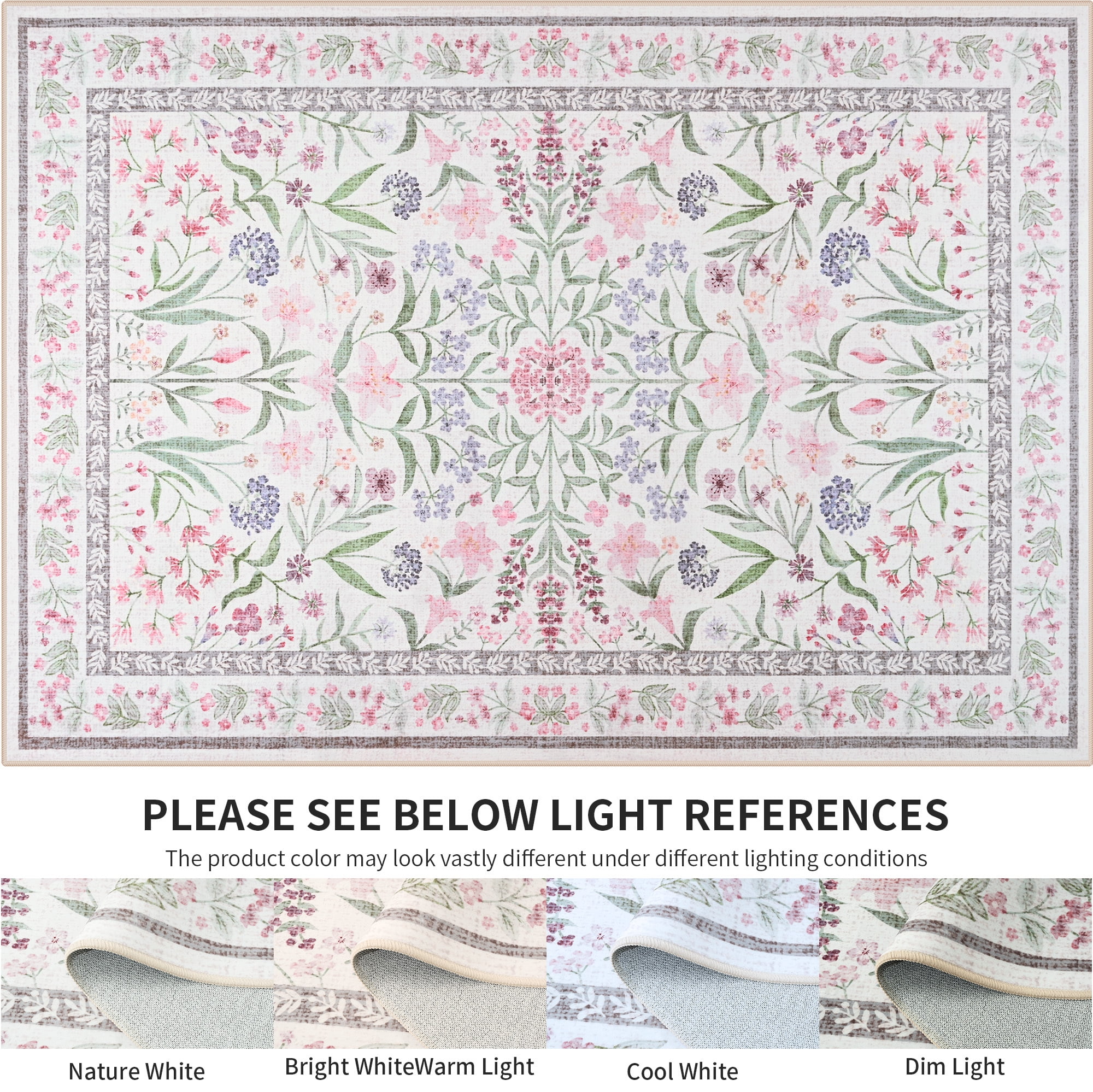 Astorug 4x6 Ft Pink Floral Area Rug - Machine Washable Low Pile Non-Slip Carpet, Boho Vintage Farmhouse Decor for Living Room, Bedroom, Nursery & Office