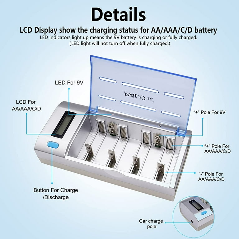 6 Packs D Rechargeble ies 1.2V 8000mAh NiMH with Universal LCD y Charger  for AA AAA C D 9V NiMH NiCD