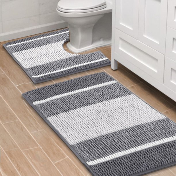 H.VERSAILTEX Striped Bath Rug Set Non Slip Bathroom Mat Chenille Water
