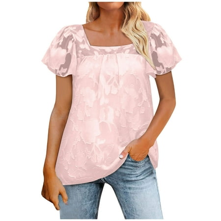 RYRJJ Womens Square Neck Babydoll Tops Ruffle Short Sleeve Lace Blouse Summer Fashion Floral Textured Dressy Casual Shirts(Pink L)