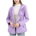 thumbnail image 2 of Casual Hooded Windbreaker Jackets for Women Lightweight Solid Color Zip Up Button Down Coats Long Sleeve with Buttons Elastic Waist Jacket Workout Drawstring Hem Belt Coat, 2 of 5