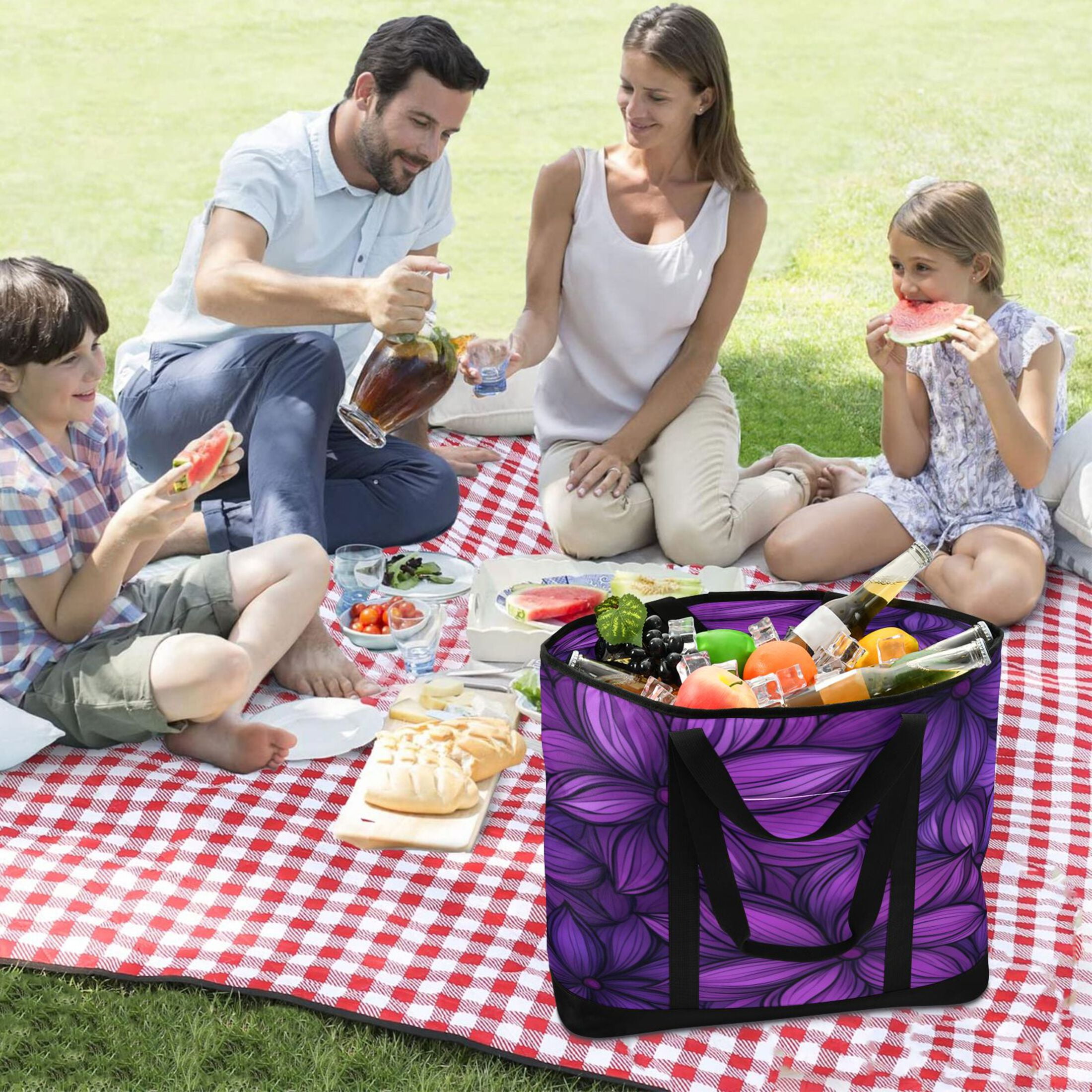 Large Hand-held Ice Pack Picnic Bag Insulation and Refrigeration Suitable for Shopping Picnics and Camping Large Purple Flower Pattern