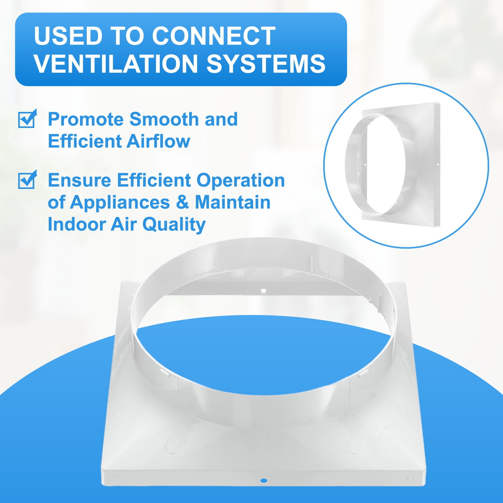 Uxcell 9" to 8" Duct Connector Flange, Plastic Square to Round Straight Dryer Vent Wall Plate for Air Heating Cooling Ventilation System HVAC Exhaust Fan, White