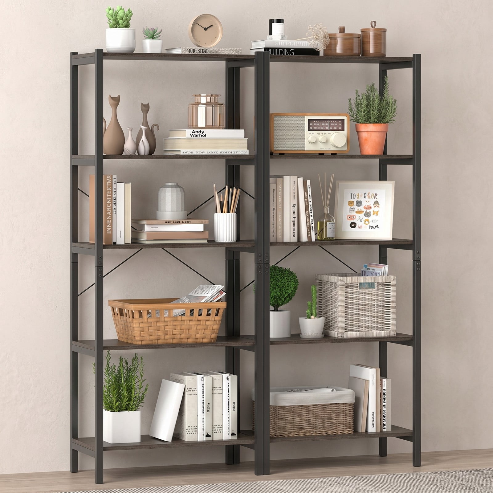 Furnibear 5-Tier Bookshelf Industrial Display Storage Rack Freestanding Open Bookcase with Sturdy Metal Frame for Home Office Living Room, Gray